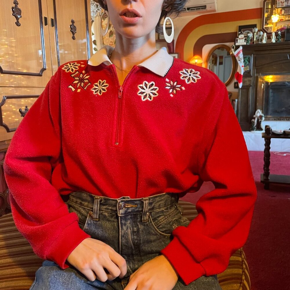 90s Alia red fleece snowflake embroidered collared quarter zip christmas sweater